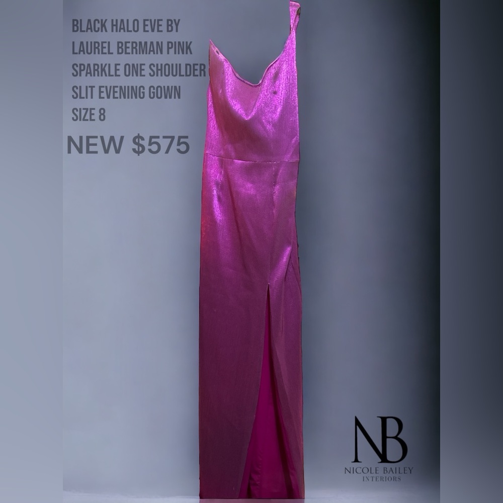 One shoulder designer Fuchsia sparkle evening gown with slit